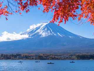 Fuji mountain with red maple when autumn leaf in Japan.