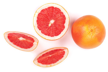 Grapefruit and slices isolated on white background. Top view. Flat lay pattern