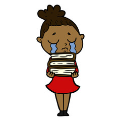 cartoon crying woman with stack of books