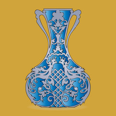 Vase silhouette (blue), ornate, with peacock pattern, on light brown background