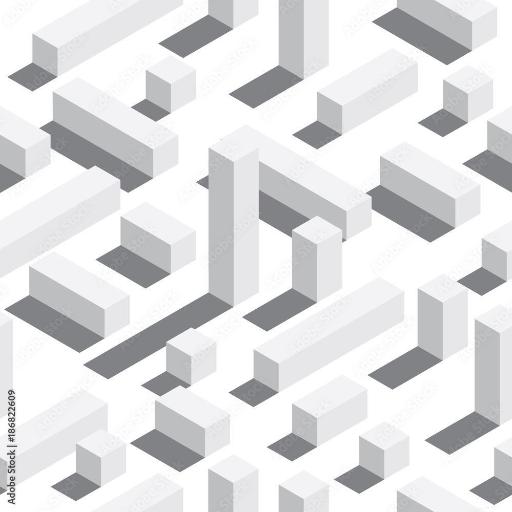 Poster vector seamless pattern with isometric blocks and shadows. white background, white elements.