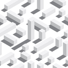 Vector seamless pattern with isometric blocks and shadows. White background, white elements.