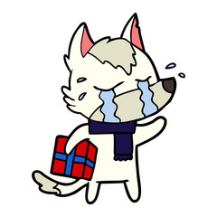 cartoon crying wolf with christmas present