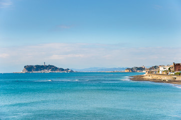 Obraz premium Enoshima Island is beautiful island with ancient history and the many beaches in the area. on clear days, most beautiful views of Mt. Fuji. Enoshima Island is in Kamakura, Japan