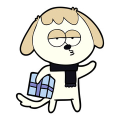 Obraz premium cartoon bored dog with christmas present