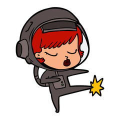 cartoon pretty astronaut girl karate kicking