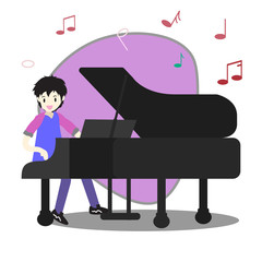 Young boy playing pianoHappy Love music Background character design illustration vector in cartoon style