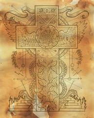 Scrapbook design background with mystic rose and cross symbols. Freemasonry and secret societies emblems, occult and spiritual mystic drawings. Tattoo design, new world order. 