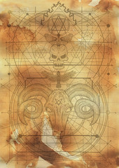 Scrapbook design background with devil and death mystic symbols. Secret societies emblem, occult and spiritual mystic drawings. Tattoo design, new world order. 