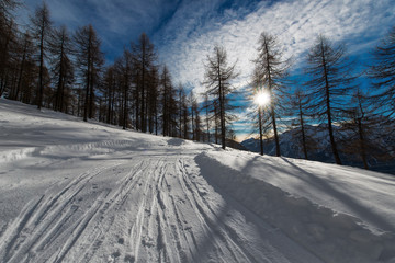 Narrow street with ski mountaineering trail