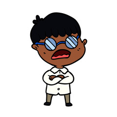 cartoon boy with crossed arms wearing spectacles