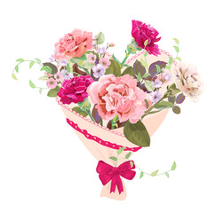 Heart with bouquet of pink, red flowers. Valentine's Day card. Carnation schabaud, spring blossom (branches apple tree flowers), buds, leaves, white background. Digital draw, watercolor style, vector