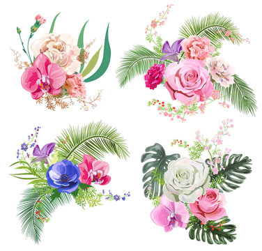 Collection bouquets of tropical flowers: pink rose, red carnation, purple orchid, blue anemone, leaves of coconut palm, twigs and berries. Digital draw in watercolor style, concept for design, vector