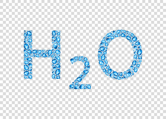 Chemical formula of water with  drops  isolated on transparent background.