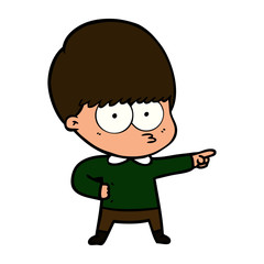 nervous cartoon boy pointing
