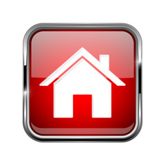 Home page icon. Square red 3d icon with chrome frame