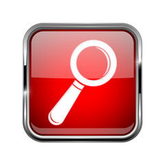 Search or Find icon. Square red 3d icon with chrome frame