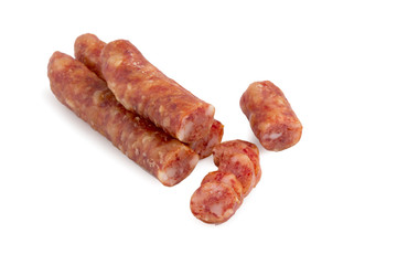 Chinese sausage and chinese sausage sliced for cook isolated on a white background