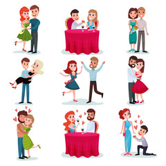 Couples in love set, happy lovers on date, at romantic dinner, hugging and dancing cartoon vector Illustrations