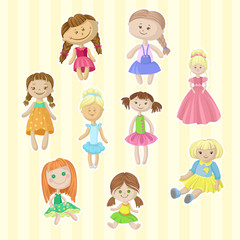 Fototapeta na wymiar Cute female dolls set, lovely toys for little girls cartoon vector Illustrations