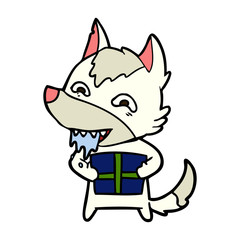 cartoon hungry wolf holding christmas present