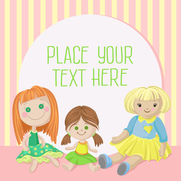 Cozy playing room for girl banner with place for your text, colorful poster with dolls cartoon vector Illustration