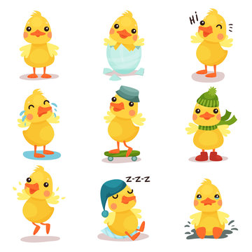 Cute little yellow duck chick characters set, duckling in different poses and situations cartoon vector Illustrations