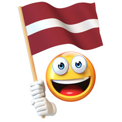Emoji holding Latvian flag, emoticon waving national flag of Latvia 3d rendering
