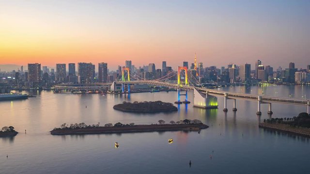 Day to Night Timelapse video of Tokyo city skyline with view of Tokyo bay in Tokyo city, Japan Time Lapse 4K