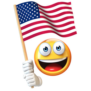 Emoji holding US flag, emoticon waving United States of America national flag 3d rendering