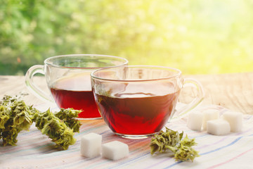 Herbal tea in sunny summer day.