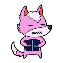 cartoon wolf with a gift