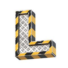 Industrial black and yellow striped metallic font, 3d rendering, letter L