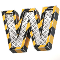 Industrial black and yellow striped metallic font, 3d rendering, letter W