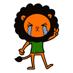cartoon crying lion giving peace sign