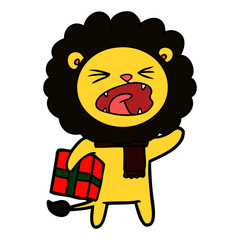 cartoon lion with christmas present