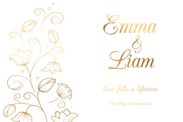 Obraz na płótnie Canvas Wedding invitation card template. Tulip lily bell flowers. Gold on white background. Vector illustration.