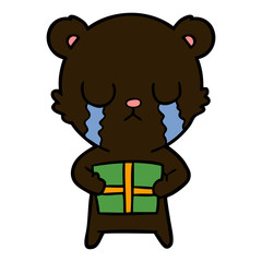 crying cartoon bear with present