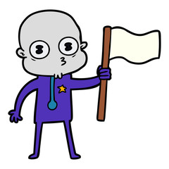 cartoon weird bald spaceman with flag