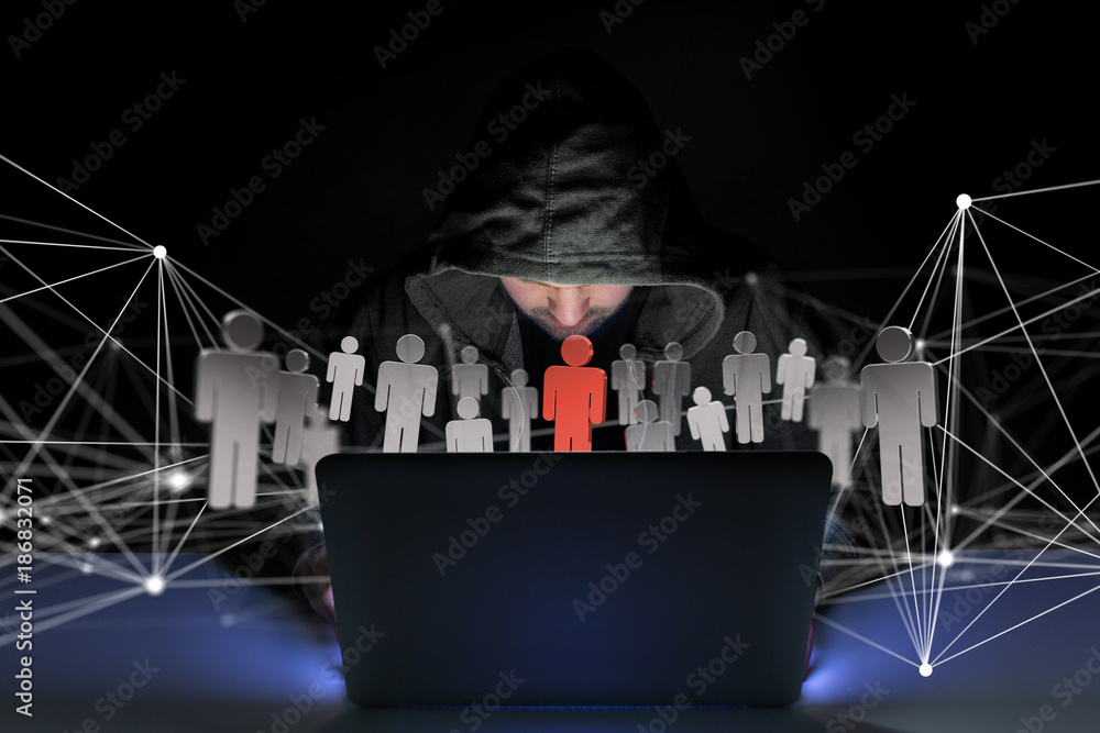 Poster hacker man in the dark using computer to hack data and information system