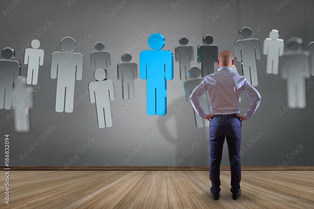 Poster businessman in front of a wall with network connection people linked each other - 3d rendering