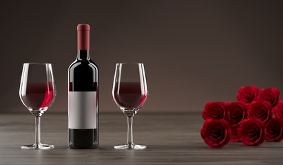 3D Rendering Of Bottle Of Wine With Two Glasses Next to It And A Red Rose Bouquet On Wooden Surface And Dark Background