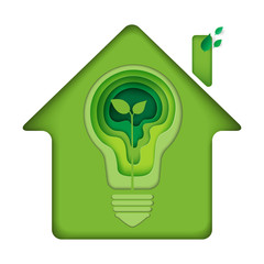 Save energy icon abstract paper art background.Ecology and environment conservation concept with paper carving light bulb in green house.Vector illustration.