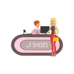 Young woman buying shoes in a shoe store, girl shopping in a mall colorful vector illustration