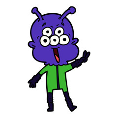 happy cartoon alien waving peace gesture