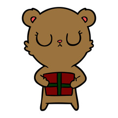 peaceful cartoon bear with present
