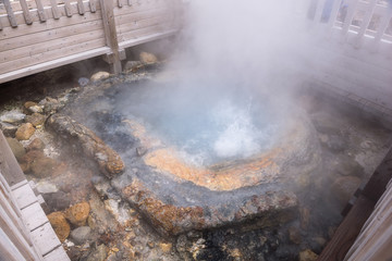 Boiling water in the 80 degrees Celcius hot Iron Spring Pond (Tessen Pond), Hell Valley (Jigokudani), Noboribetsu, Hokkaido, Japan
