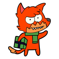 cartoon grinning fox with christmas present