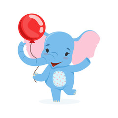 Cute baby elephant having fun with red balloon, funny jungle animal character vector Illustration