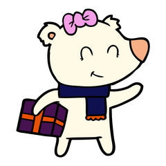 female polar bear with christmas present